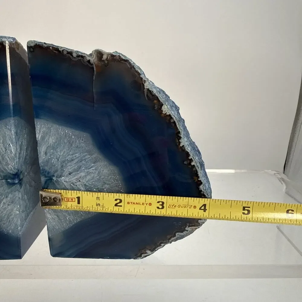 1 Pair 5.25” Polished Blue Brazilian Agate Geodes Bookends W/Beautiful Crystals